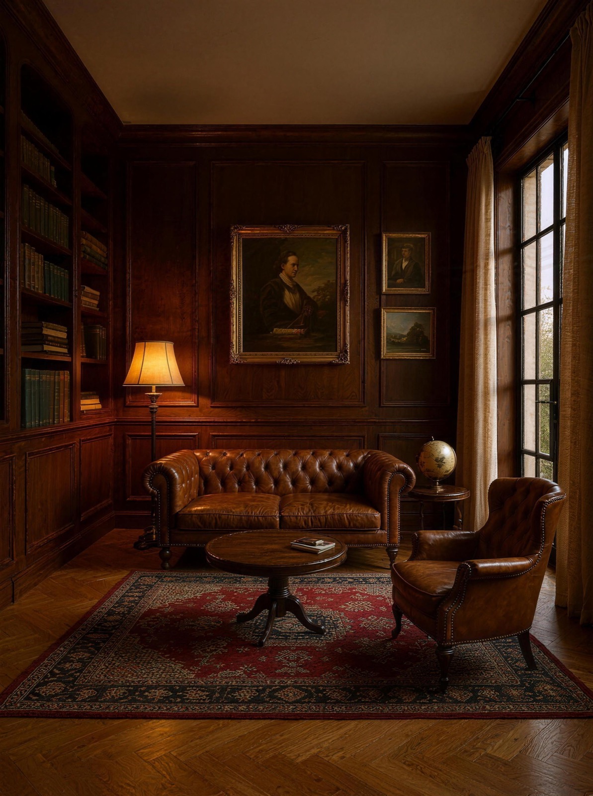 Empty living room redesigned with AI in the Manor Library style