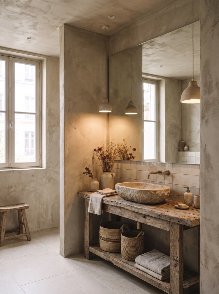Bathroom in the Wabi Sabi interior design style